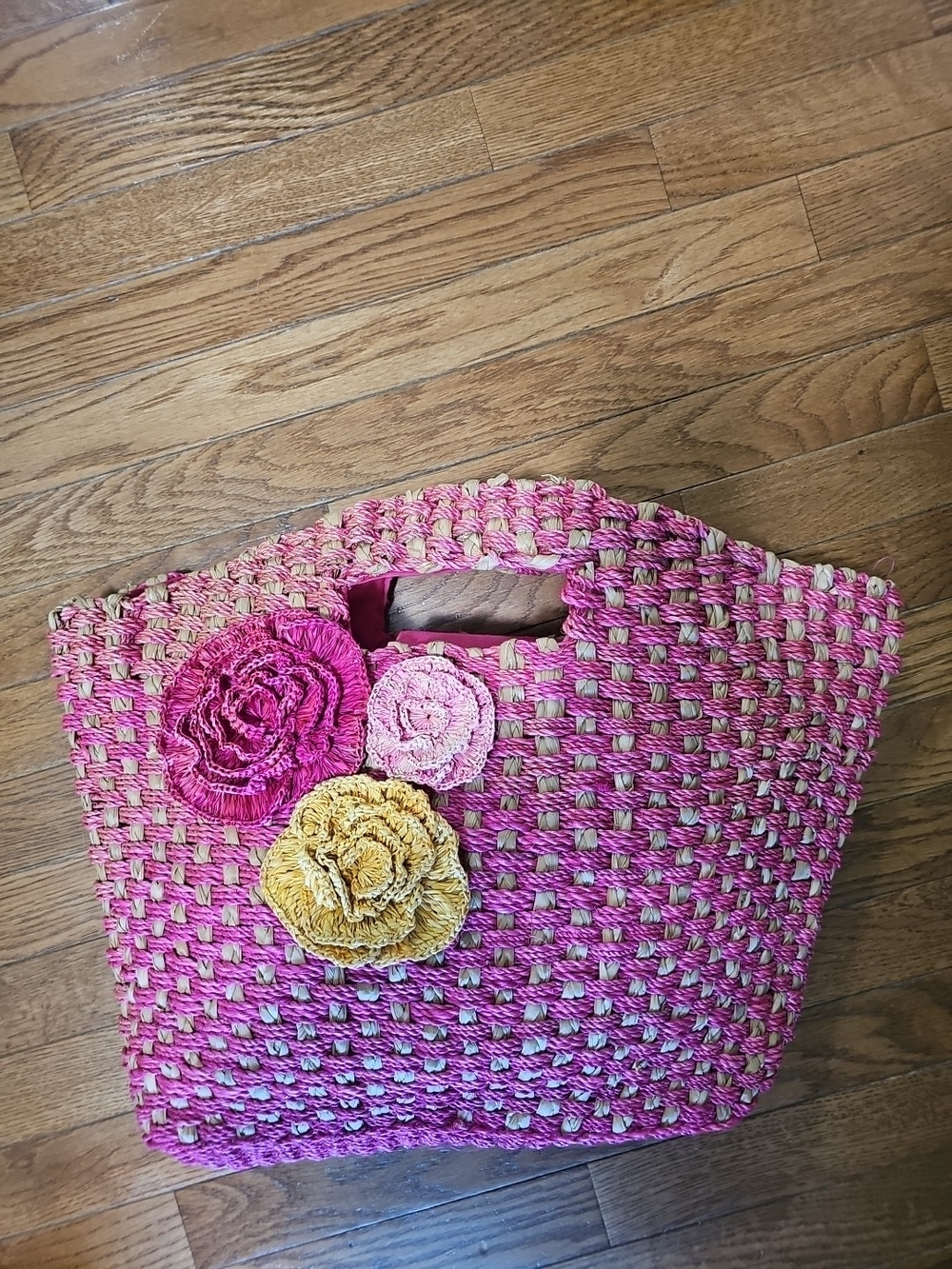 Relativity Pink Woven Satchel with Floral Accents